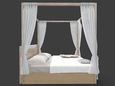 Cozy Four Poster Double Bed With Wooden Frame White Curtains And White Bed Sheets 3d model
