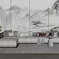 Light Gray L Shaped Multi Seater Sofa With Cushions Throw Blanket And Mountain Landscape Screen 3d model