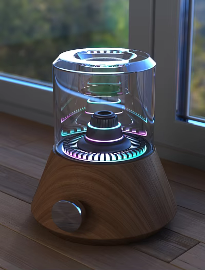 Decorative Light Modern Glass Enclosure with Colorful LED Lighting and Wooden Base 3d model