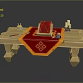 Wooden Workbench Setup with Red Cloth Tools Candles Keys and Crafting Board with Red Patterns