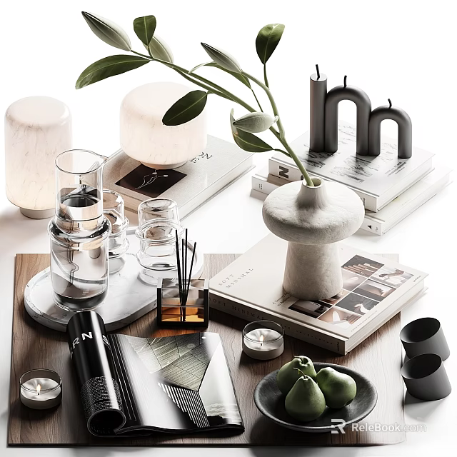 Modern Decorative Ornament Set With Vase Candles Books And Geometric Figurines 3d model 
