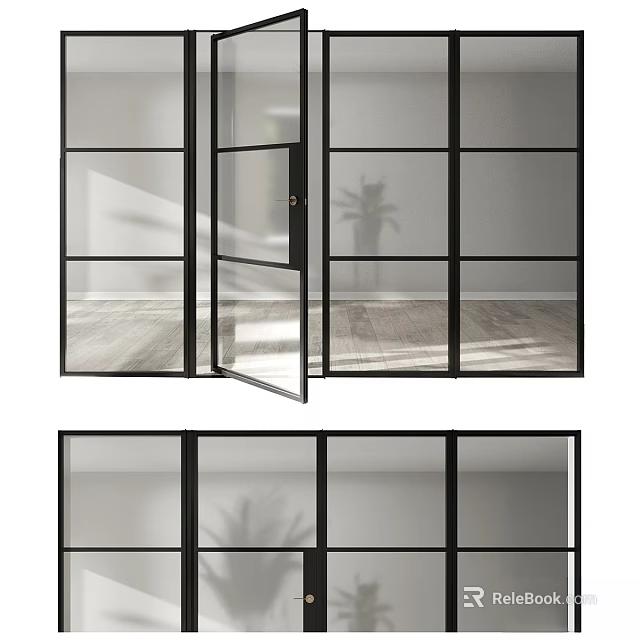 Modern Interior Glass Hinged Door With Black Frame And Grid Design 3d model