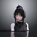 3D Digital Character With Black Hair Purple Headphones And Sleeveless Outfit On Gray Background
