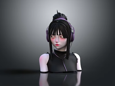 3D Digital Character With Black Hair Purple Headphones And Sleeveless Outfit On Gray Background 3d model
