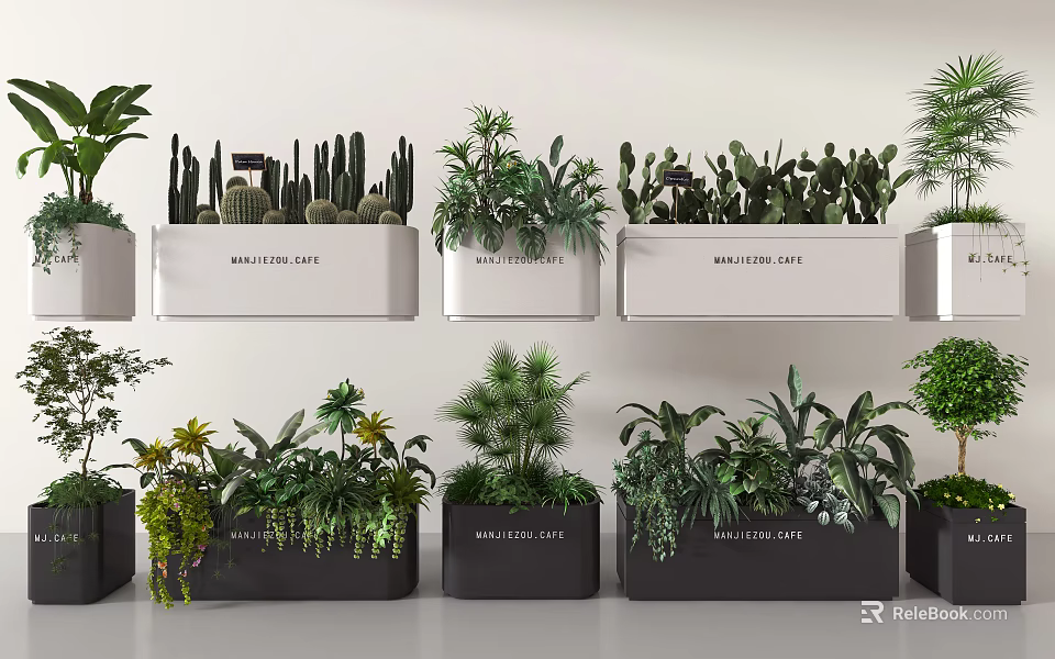 Stylish Potted Bonsai Plants In White And Black Planters With Mixed Greenery 3d model 