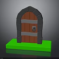 Medieval Red Wooden Door With Gray Stone Arch Frame Metal Bands And Green Base