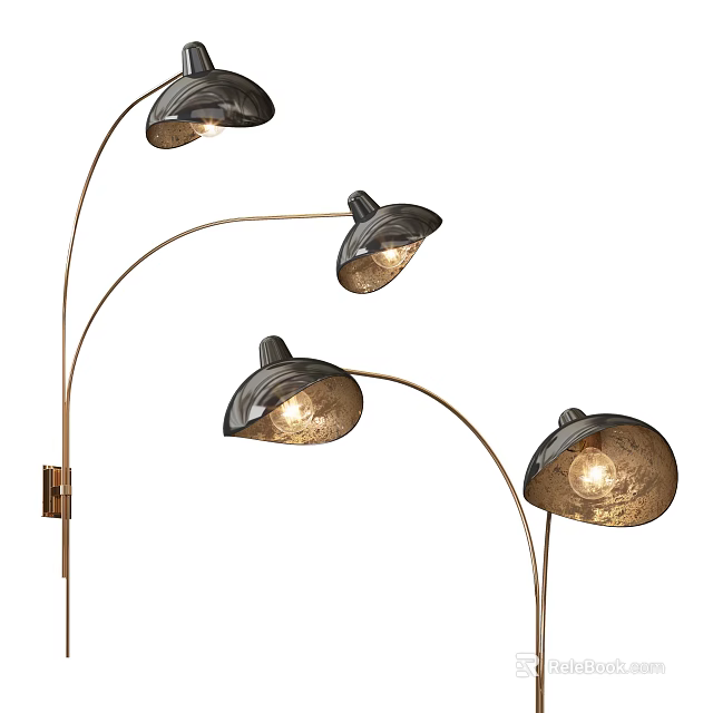 Modern Wall Mounted Lamps With Brass Arc Metal Arms And Black Glass Shades 3d model 