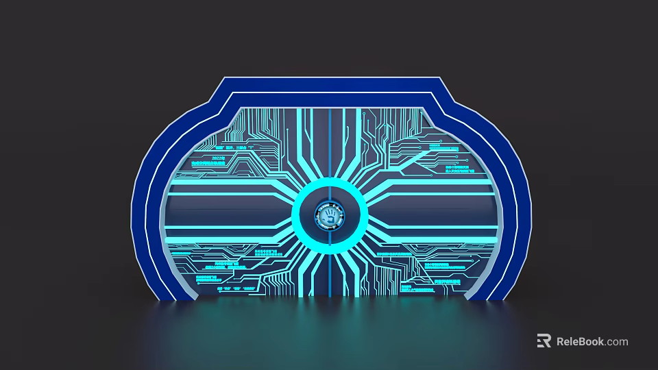 Illuminated Circuit Board Style Island With Blue Cyan Glow And Central Circular Logo 3d model 