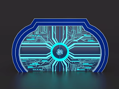Illuminated Circuit Board Style Island With Blue Cyan Glow And Central Circular Logo 3d model