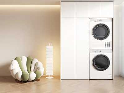 Home Balcony Interior Design With Washer Dryer Set Comfortable Seating And Storage Cabinets 3d model