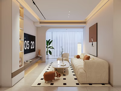 Modern Living Dining Room Interior With Beige Sofa Coffee Table TV Green Plant And Rug 3d model