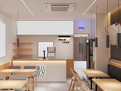 Modern Restaurant Interior With Open Kitchen Wooden Tables Chairs And Pendant Lights Decor 3d model