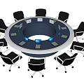 Round Conference Table With Surrounding Office Chairs And Tablet Screens