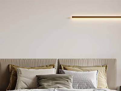 Minimalist Bedroom Interior Design With Light Wall Upholstered Headboard Soft Pillows And Strip Light 3d model