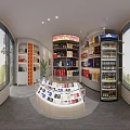Tobacco and Liquor Store Interior with Shelves Alcoholic Beverages Cigarettes Display Cabinets and Green Plant