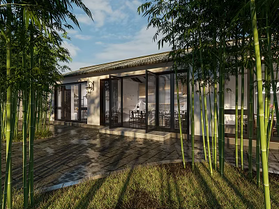 Traditional Chinese Courtyard Architecture With Bamboo Glass Doors And Stone Pavement 3d model
