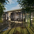 Traditional Chinese Courtyard Architecture With Bamboo Glass Doors And Stone Pavement