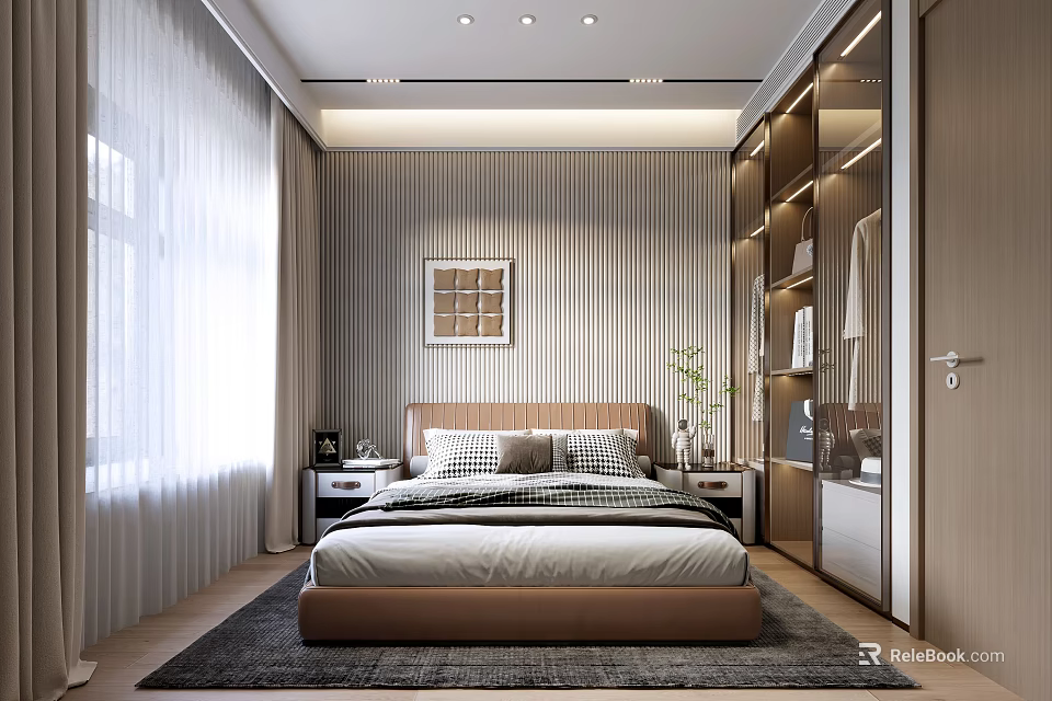 Modern Bedroom With Vertical Striped Walls Decorative Painting Large Windows White Curtains Nightstands And Rug 3d model 