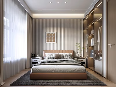 Modern Bedroom With Vertical Striped Walls Decorative Painting Large Windows White Curtains Nightstands And Rug 3d model