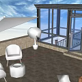 Villa Balcony With Glass Roof Walls Rooftop Terrace Beige Parasol Black Chair And City View