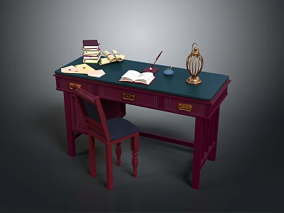 Deep Red Writing Desk With Matching Chair Open Notebook Quill Pen Inkwell And Lamp 3d model