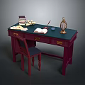 Deep Red Writing Desk With Matching Chair Open Notebook Quill Pen Inkwell And Lamp