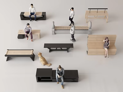 Modern Landscape Seats With Wooden And Black Designs For Outdoor Public Spaces 3d model