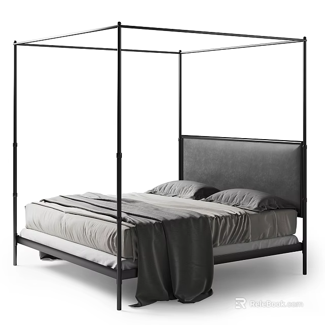 Double Bed with Black Metal Frame Gray Upholstered Headboard and Modern Design 3d model 