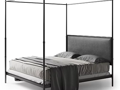 Double Bed with Black Metal Frame Gray Upholstered Headboard and Modern Design 3d model