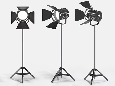 Three Black Metal Floor Lamps With Tripod Base And Adjustable Shade Panels 3d model
