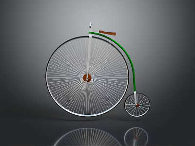 Vintage Bicycle With Large Front Wheel Small Rear Wheel Green Frame And Brown Seat 3d model