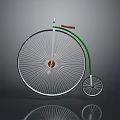 Vintage Bicycle With Large Front Wheel Small Rear Wheel Green Frame And Brown Seat