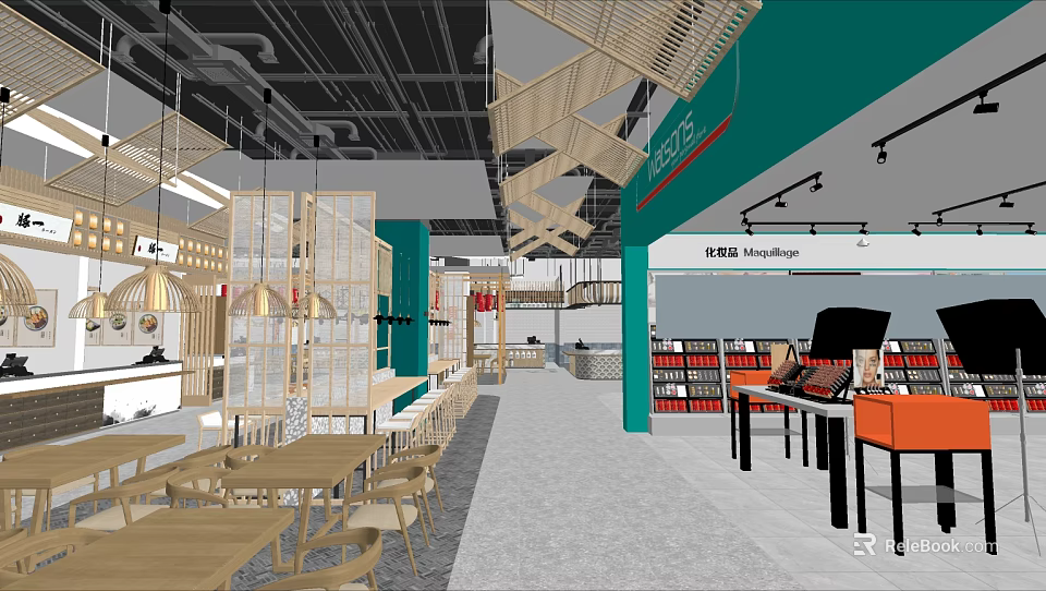 Modern Restaurant Interior With Wooden Structures Green Walls And Dining Tables 3d model 