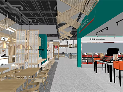Modern Restaurant Interior With Wooden Structures Green Walls And Dining Tables 3d model