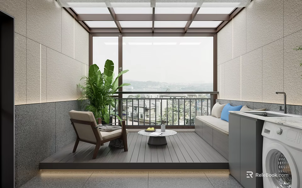Modern Villa Balcony With Lounge Chair Sofa And Large Windows 3d model 
