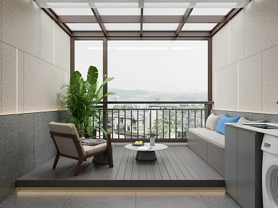 Modern Villa Balcony With Lounge Chair Sofa And Large Windows 3d model