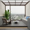 Modern Villa Balcony With Lounge Chair Sofa And Large Windows