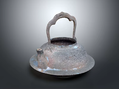 Antique Iron Teapot with Curved Handle and Matching Tray in Vintage Design 3d model