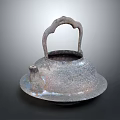 Antique Iron Teapot with Curved Handle and Matching Tray in Vintage Design