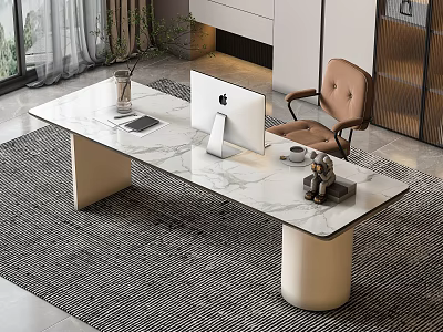 Modern Minimalist Desk with Marble Top White Legs Apple Computer and Gray Rug 3d model