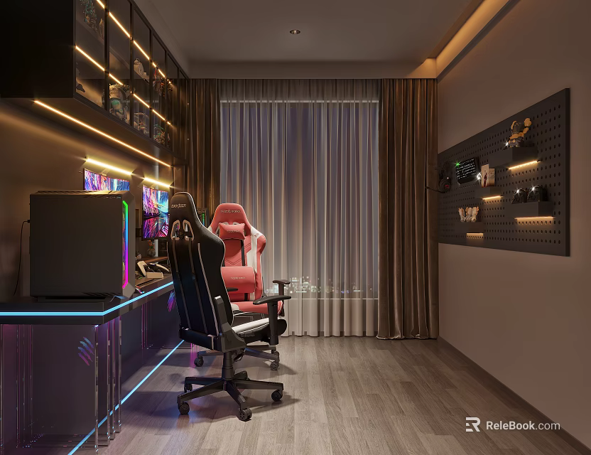 Modern Gaming Room Interior Setup With Red Gaming Chair Computer Neon Lights And Display Shelves 3d model 