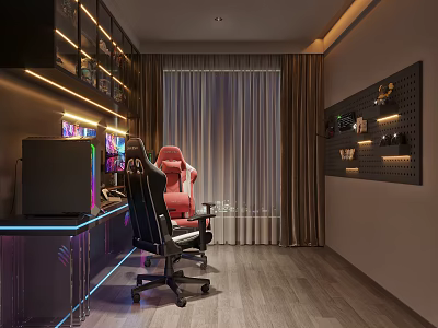 Modern Gaming Room Interior Setup With Red Gaming Chair Computer Neon Lights And Display Shelves 3d model
