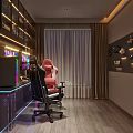 Modern Gaming Room Interior Setup With Red Gaming Chair Computer Neon Lights And Display Shelves