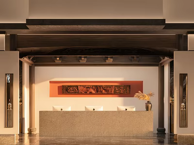 Modern Hotel Lobby Interior Design With Stone Reception Desk And Decorative Panel 3d model