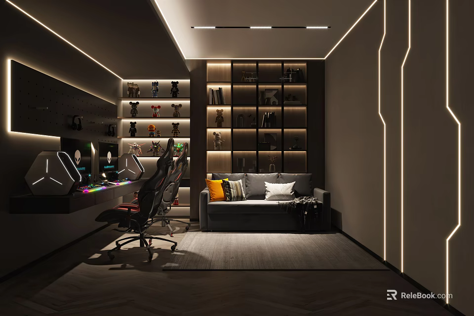 Modern Gaming Room With RGB Lighting Gaming Desk Sofa Bookshelf And LED Strip Lights 3d model 