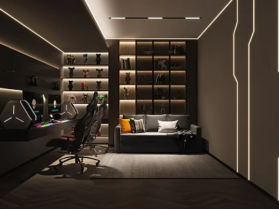Modern Gaming Room With RGB Lighting Gaming Desk Sofa Bookshelf And LED Strip Lights 3d model