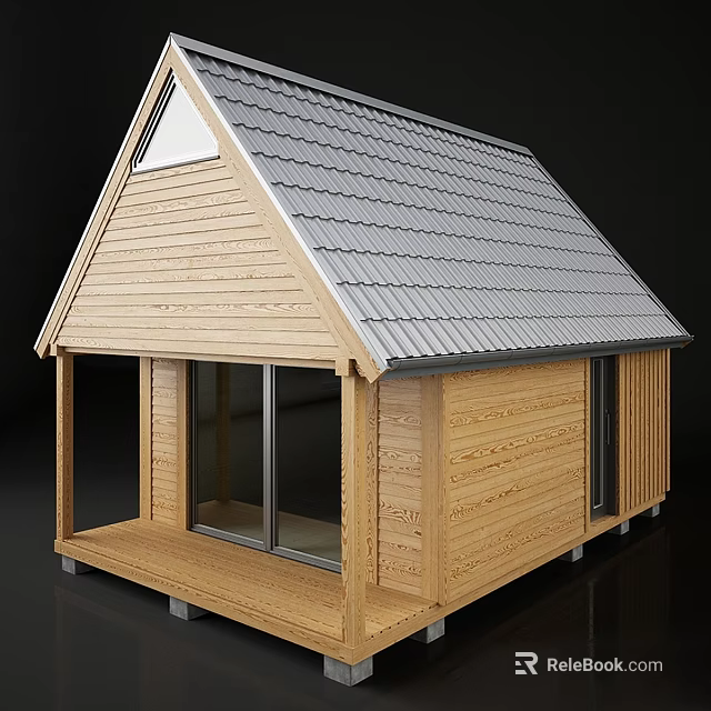 Cozy Wooden Residential House with Sloped Gray Tile Roof Front Porch and Large Glass Windows 3d model 