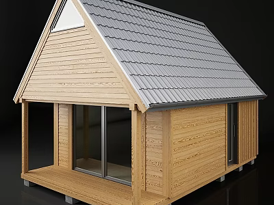Cozy Wooden Residential House with Sloped Gray Tile Roof Front Porch and Large Glass Windows 3d model