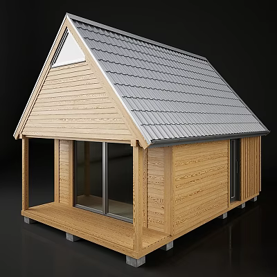 Cozy Wooden Residential House with Sloped Gray Tile Roof Front Porch and Large Glass Windows 3d model