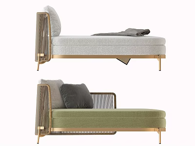 Modern Chaise Lounge Design With Golden Frame Upholstered Fabric And Decorative Pillows 3d model